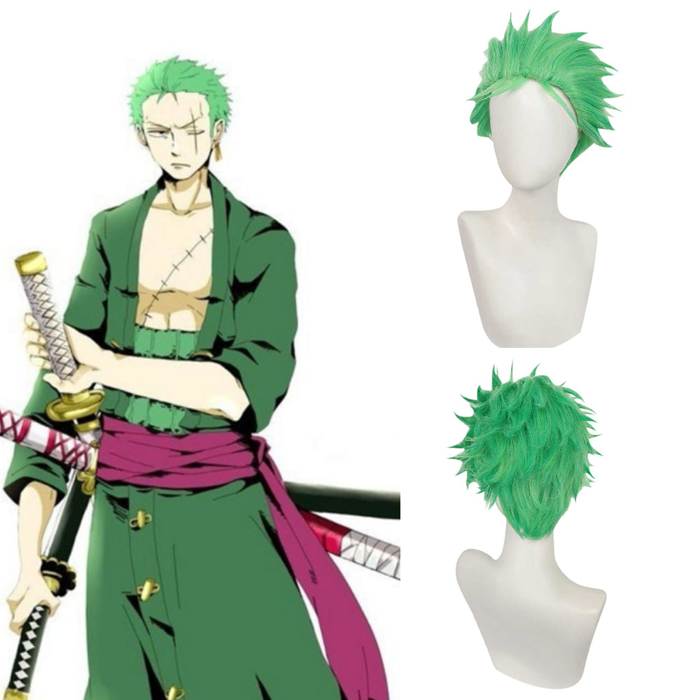 Green wig of an anime charachter with sword.