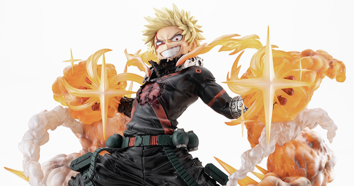 A collectible anime action figure of Todoroki Shoto from My Hero Academia, posed dynamically with glowing orange and yellow energy effects and white smoke details against a plain white background.