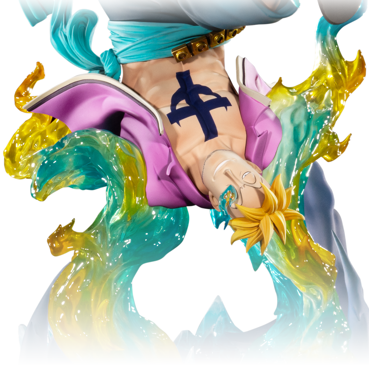 Close-up of a collectible anime figurine showing a character's torso with a dark blue symbol tattoo on the chest, wearing a turquoise top and purple skirt, surrounded by translucent teal, yellow, and blue energy effects against a white background.