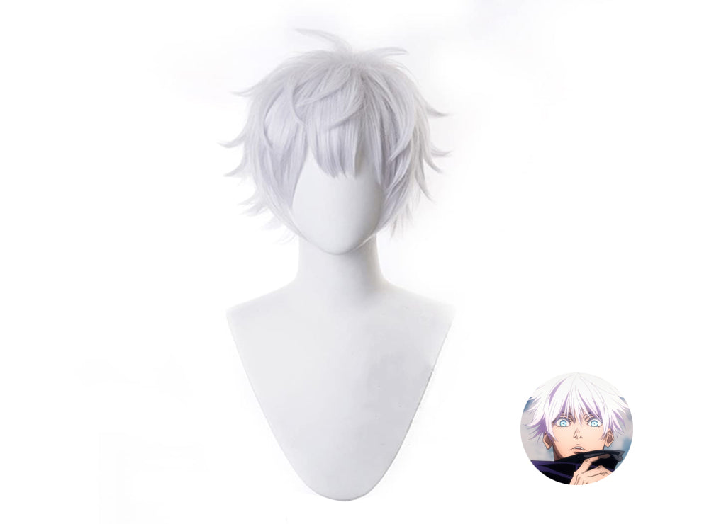 Anime character with black cloths and white hair wig.