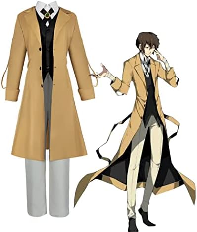 Cosplay costume with a long beige coat and outfit on a white background