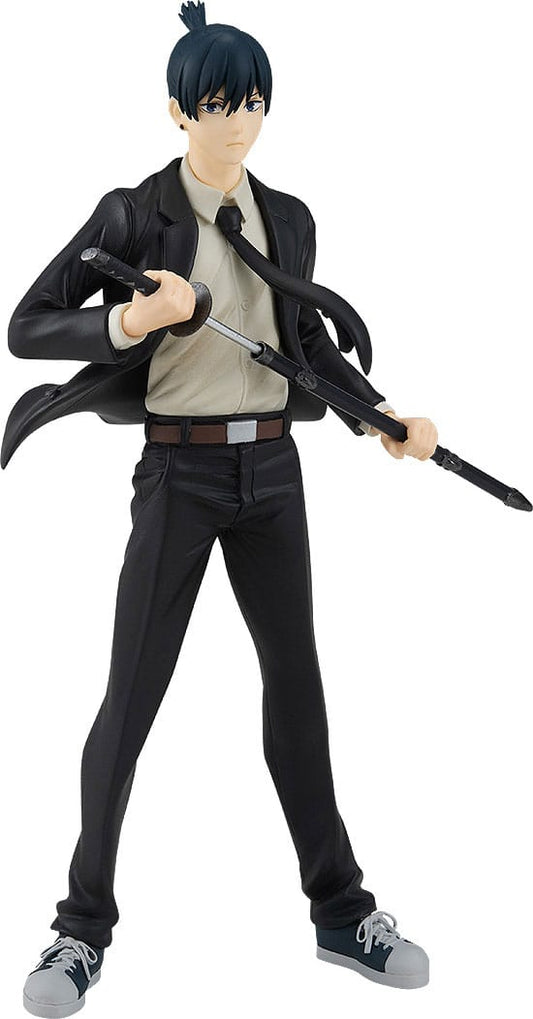 Pop Up Parade figure of Aki Hayakawa from Chainsaw Man, featuring his suit and serious expression, in collector packaging.