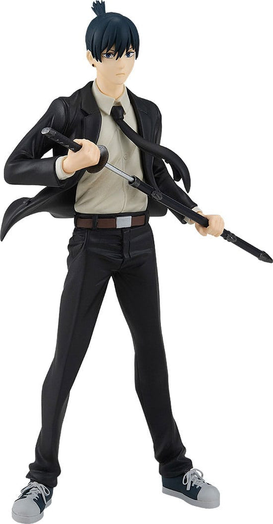 Pop Up Parade figure of Aki Hayakawa from Chainsaw Man, featuring his suit and serious expression, in collector packaging.