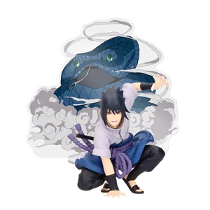 Banpresto Panel Spectacle figure of Sasuke Uchiha from Naruto Shippuden, featuring his battle attire and intense pose, in collector packaging.