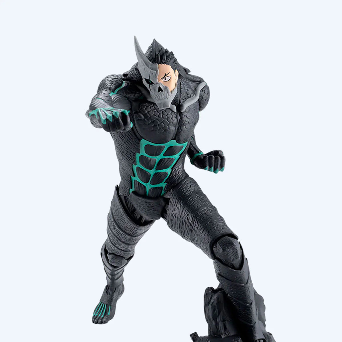 A detailed action figure of the Marvel character Blackguard, posed in a dynamic fighting stance. The figure features a textured black and gray armored suit with glowing teal accents on the chest and hands, set against a plain light gray background.