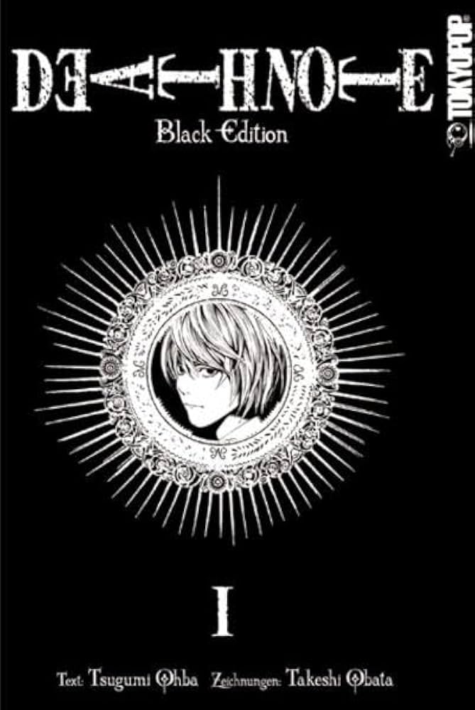 Black and white cover of the manga volume 'Death Note Black Edition' Volume I, featuring the title at the top, a central circular portrait illustration with radiating lines, and the number I at the bottom. The Tokyopop logo is visible on the right side.