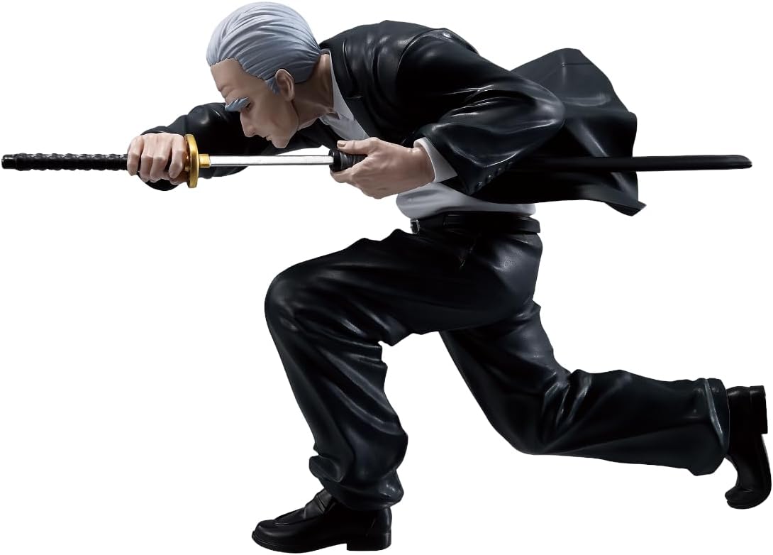 A collectible action figure of the anime character Katakuri from The Seven Deadly Sins, depicted in a crouching, sword-ready pose. He has gray hair and wears a black jacket and pants over a white shirt, holding a katana with a gold hilt.