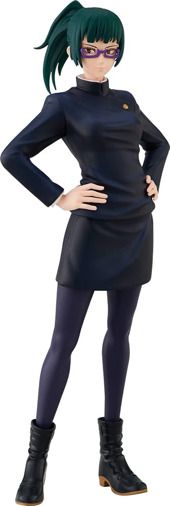 A full-body anime figurine of a female character with dark green hair, wearing a dark navy long-sleeve dress, matching dark tights, and black ankle boots, posed with hands on hips against a plain white background.