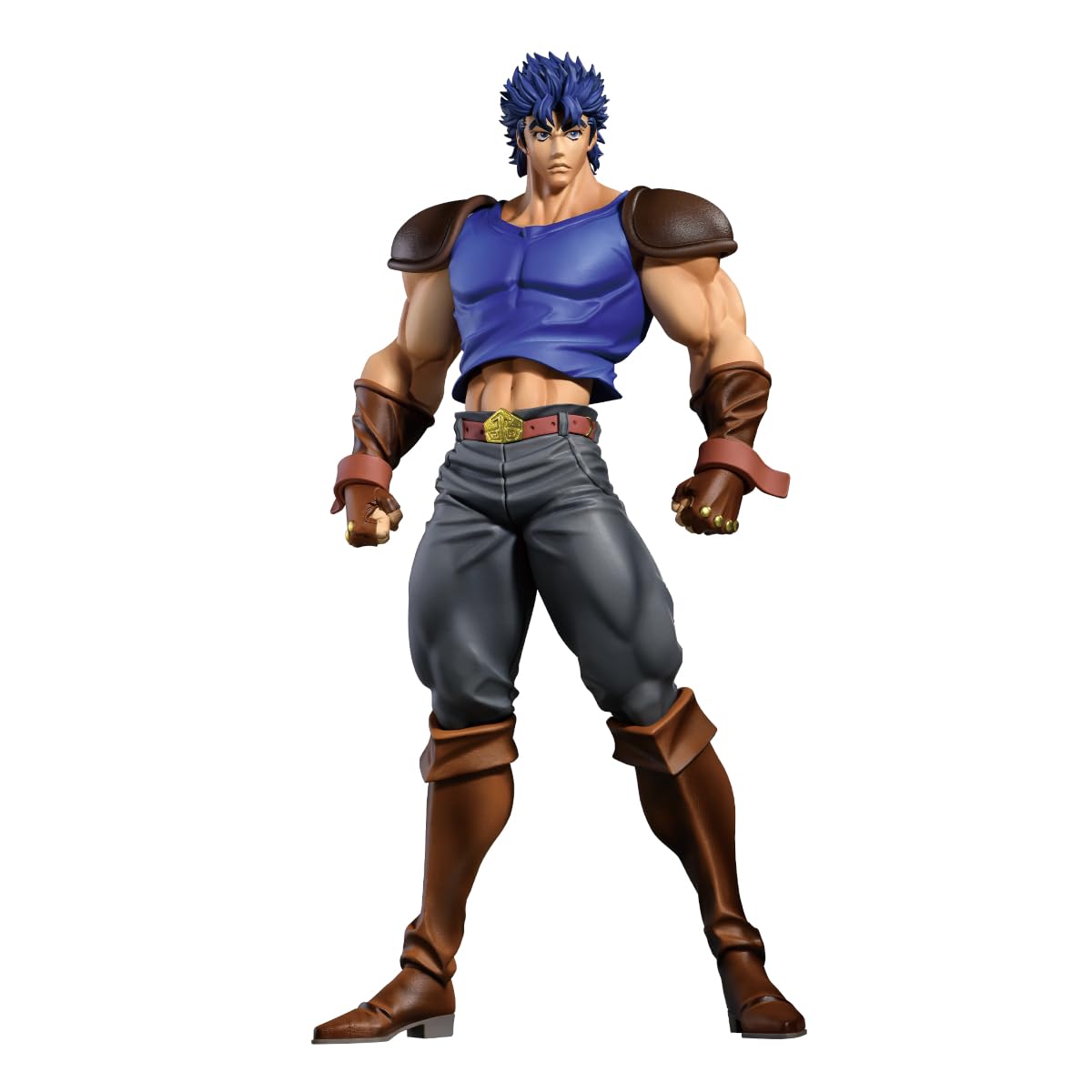 A collectible action figure of a muscular male character with spiky blue hair, wearing a blue cropped tank top, dark gray pants, and brown arm and leg guards, posed against a solid white background.