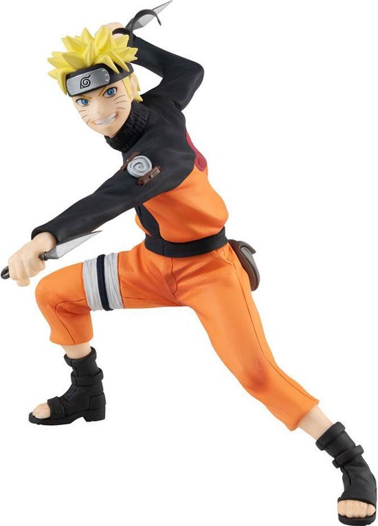 Action figure of a character in orange and black outfit with a white background
