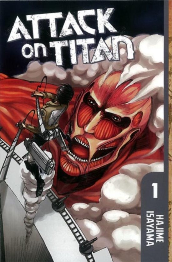 Attack on Titan book cover with a red-eyed monster holding a weapon.