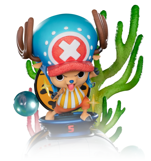 A collectible figurine of the character Tony Tony Hocho from One Piece, posed on a blue platform with green coral-like accessories and a teal orb, set against a plain white background.