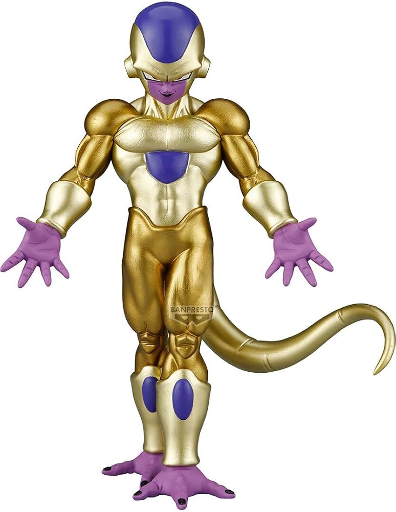 A collectible action figure of Frieza from Dragon Ball Z, featuring his signature metallic gold and purple armor, standing against a plain white background.