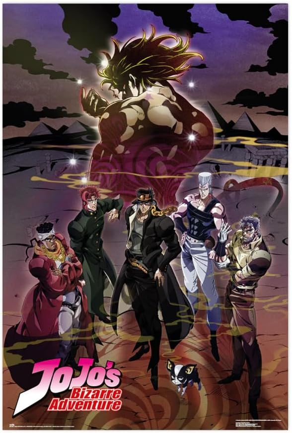 Promotional poster for 'JoJo's Bizarre Adventure' featuring five characters in a desert landscape with a large creature.