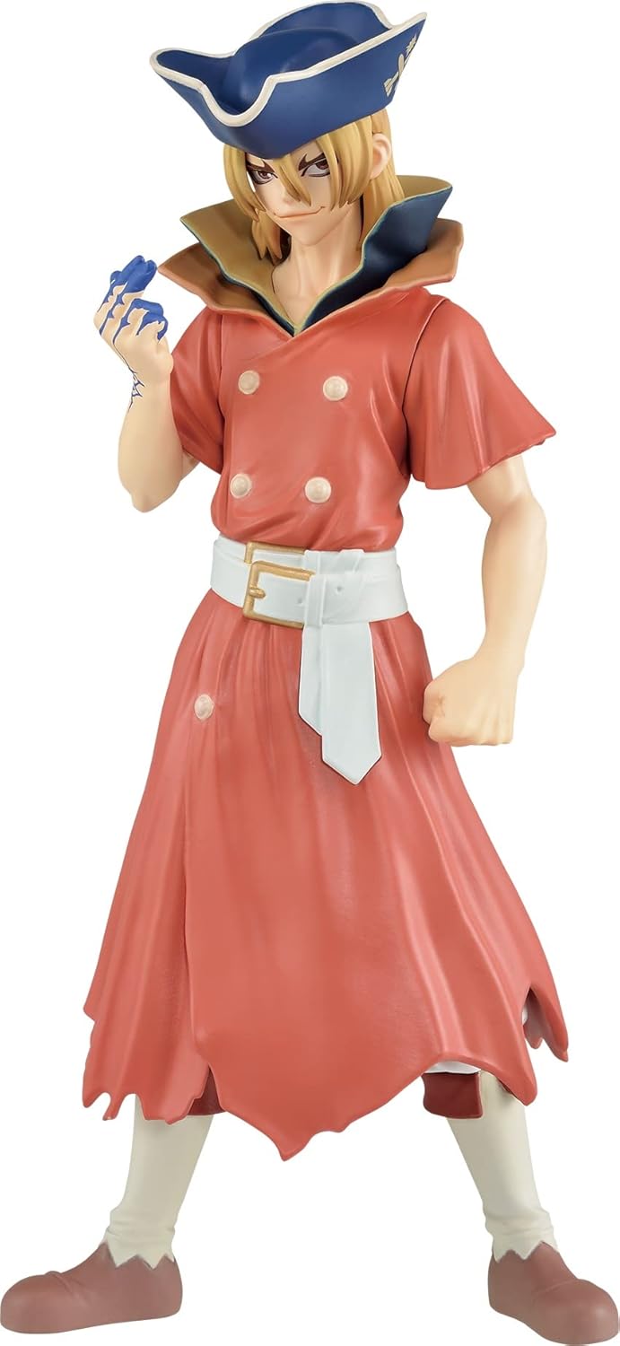 A collectible action figure of a pirate character wearing a coral-red coat, blue hat, and white belt, standing against a plain white background.