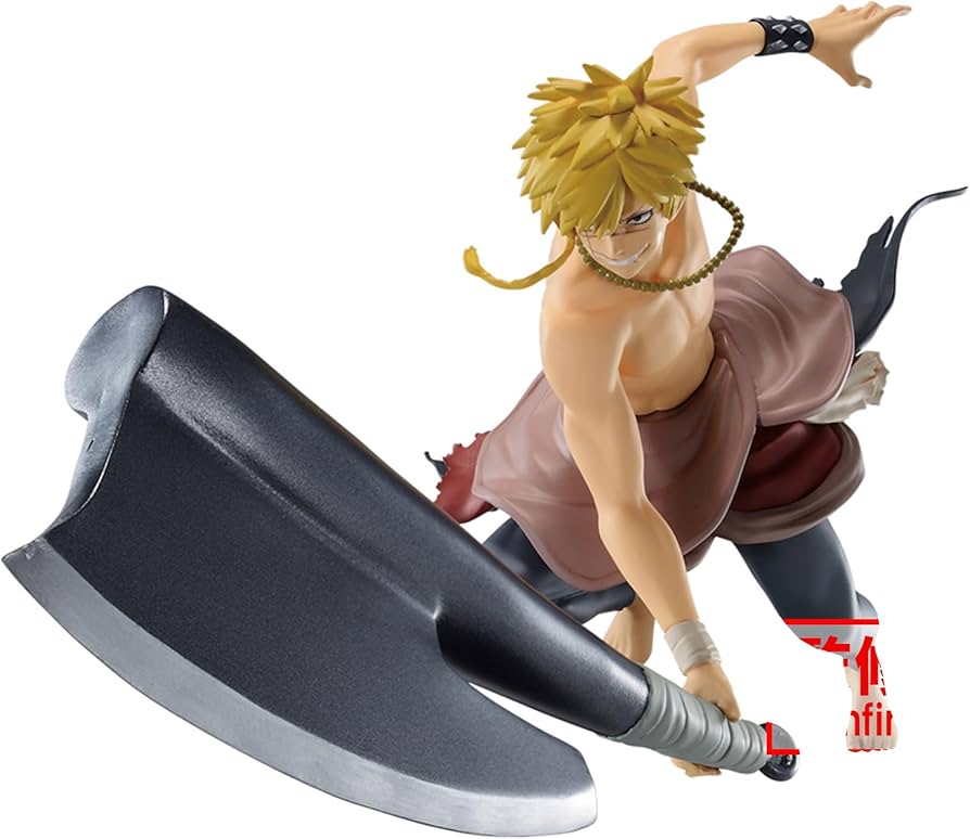 A collectible anime figurine of Naruto Uzumaki in a dynamic action pose, holding his Sharingan mask and wielding a large dark gray Rasengan. The figure features spiky blond hair, a brown bandana, and a pinkish-brown drape, set against a plain white background.