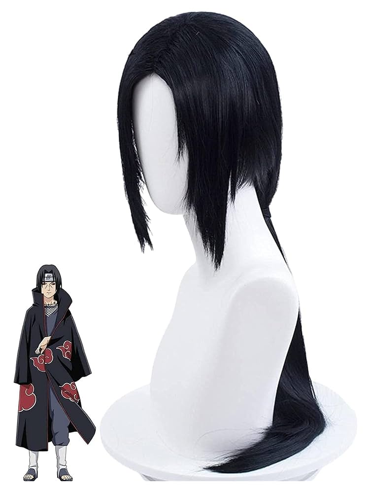 Black wig on a mannequin head with a character model in the background