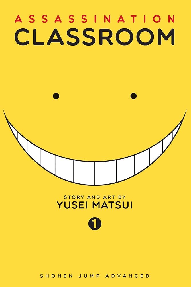 Front cover of the book 'Assassination Classroom' Volume 1 by Yusei Matsui, featuring a bright yellow background with a large white smiley face and black text.
