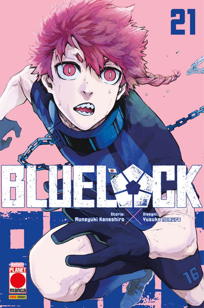 Manga book cover of 'Blue Lock' with a character holding a ball on a pink background