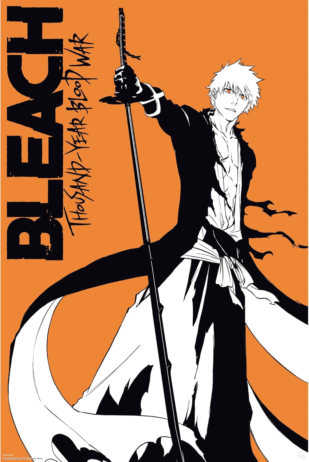Character from 'Bleach' with a sword on an orange background