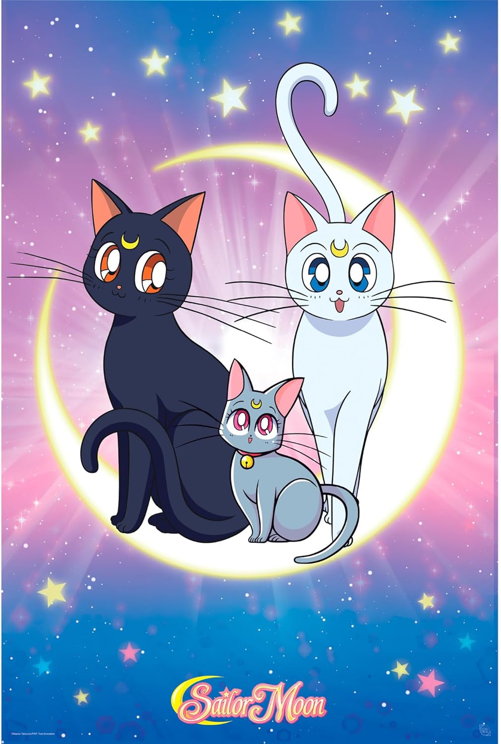 Three cats from Sailor Moon with a purple and blue background