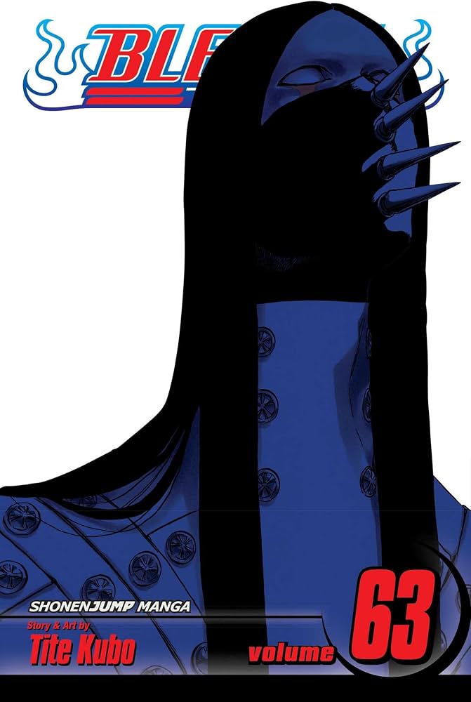 Manga comic book cover for Bleach volume 63, featuring the character Soul Reaper in a dark blue and black cloak with silver blades on his right arm, on a white background with the Bleach logo at the top and creator text at the bottom.