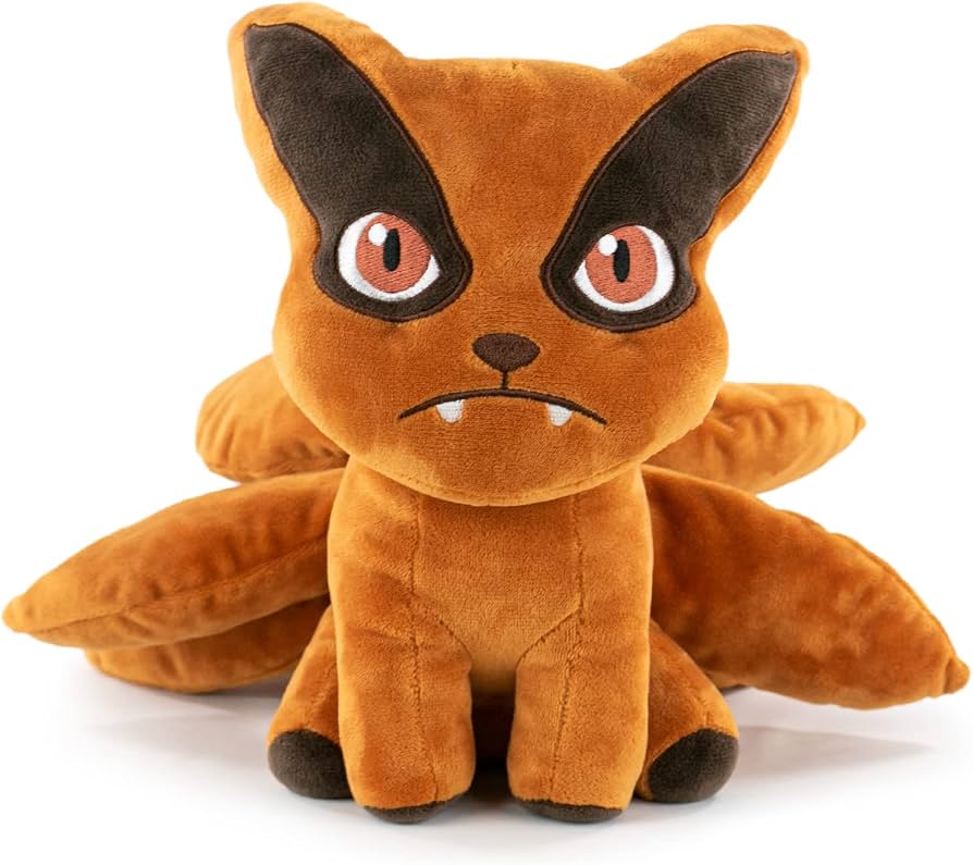 A plush toy of a brown fox-like Pokémon character with dark brown ear patches, red eyes, and small white fangs, photographed on a clean white background.