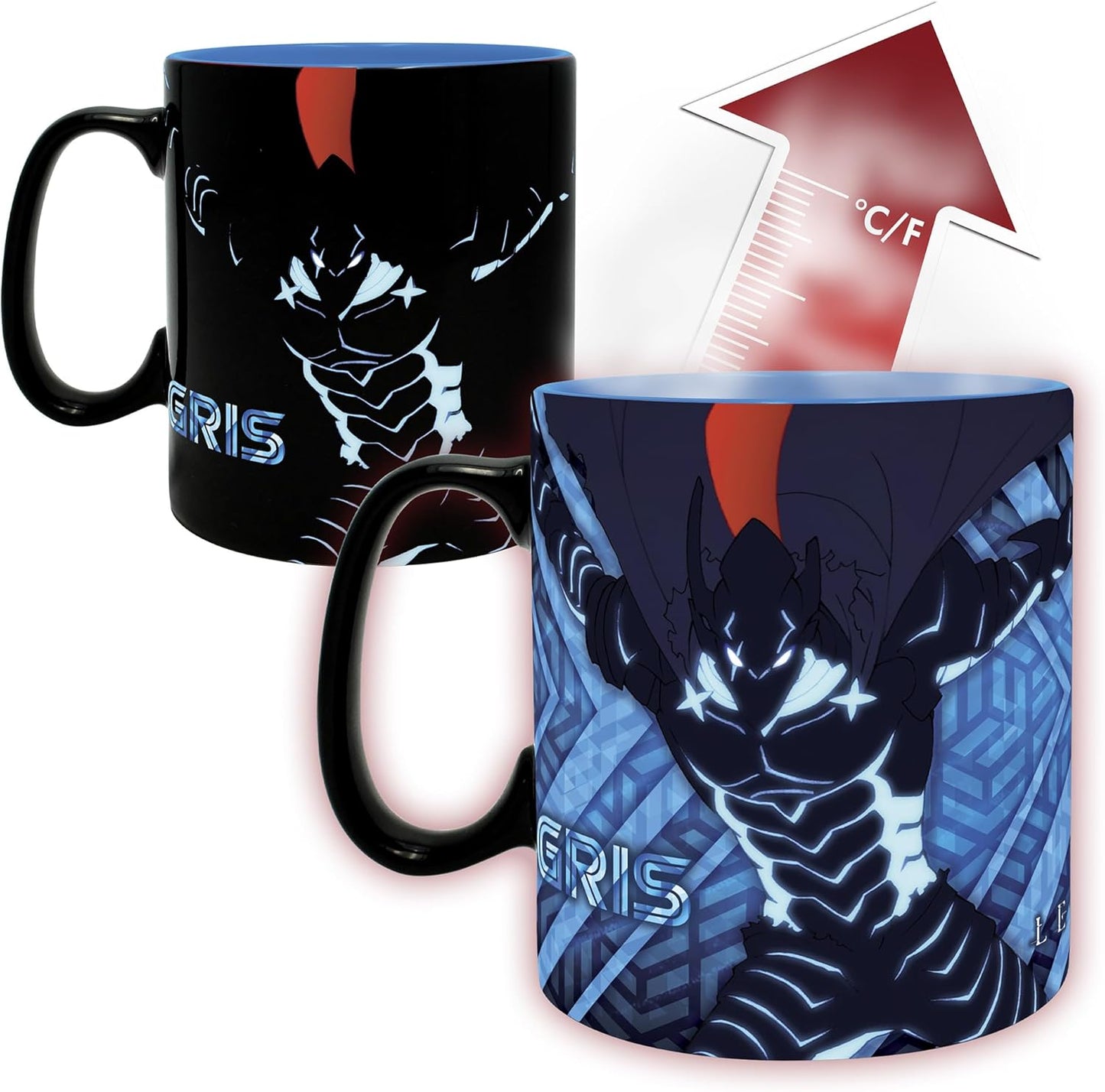 A color-changing ceramic mug featuring a graphic of the character Gris from Attack on Titan. The mug is shown in two states: a black mug with a blue interior and a blue mug with a black handle and a red heat-arrow graphic indicating its temperature-changing property.