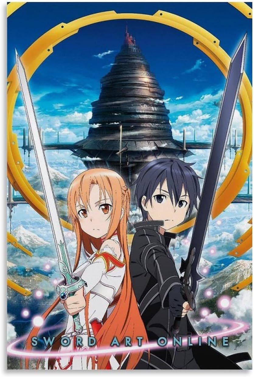 Two animated characters with swords in front of a futuristic building, featuring 'Sword Art Online' text.