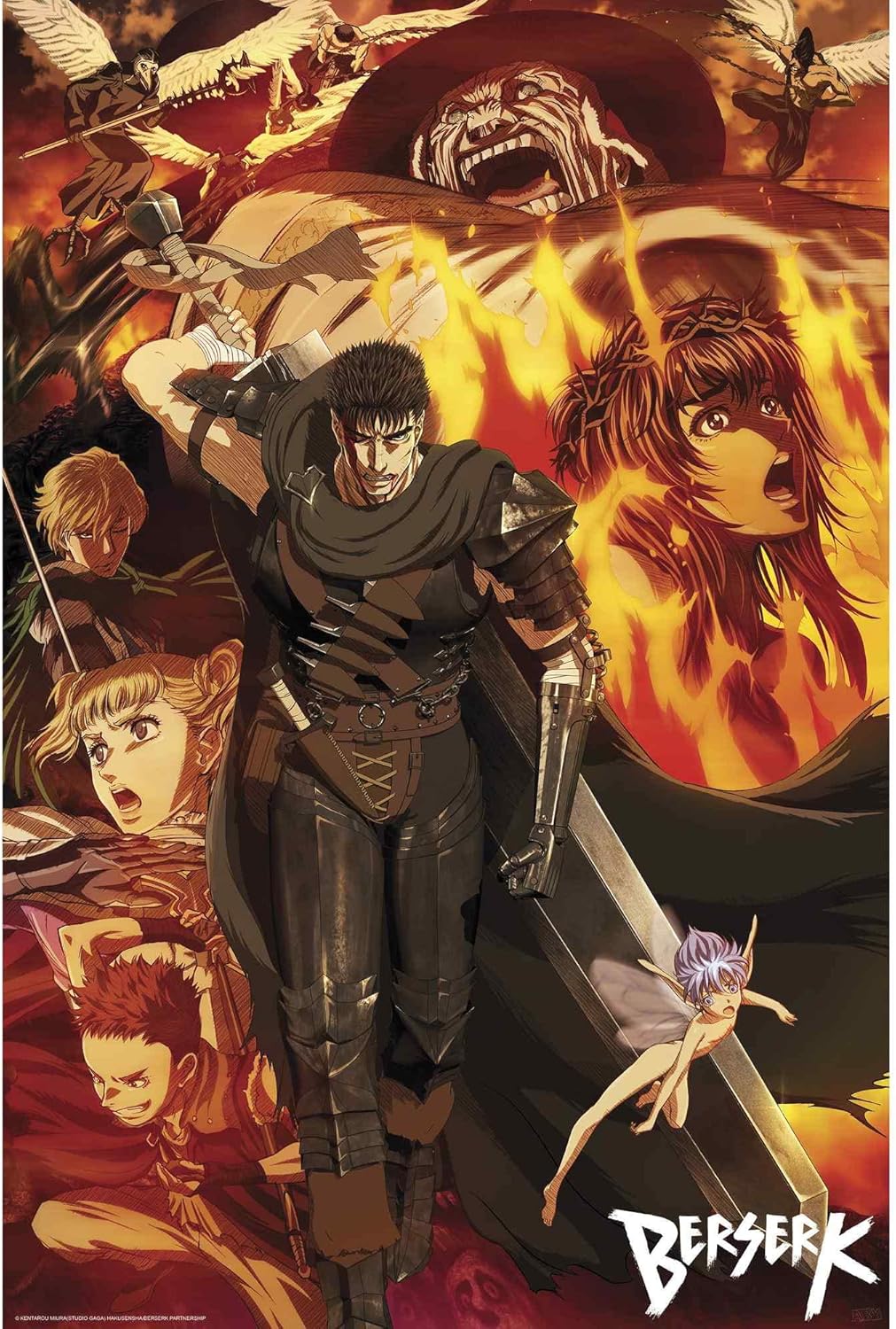 Poster of an anime character with fiery background and 'Berserk' branding