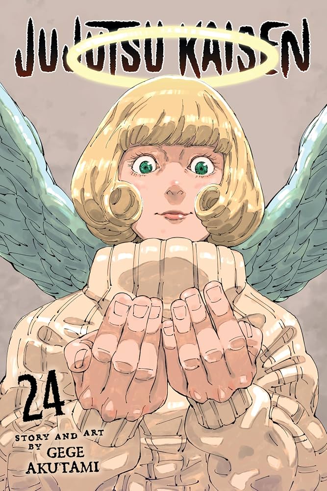 Front cover of the manga volume 'Ju-Jutsu Kaisen' volume 24, featuring an illustration of a blonde angelic character with green eyes, large wings, and a halo above the title.