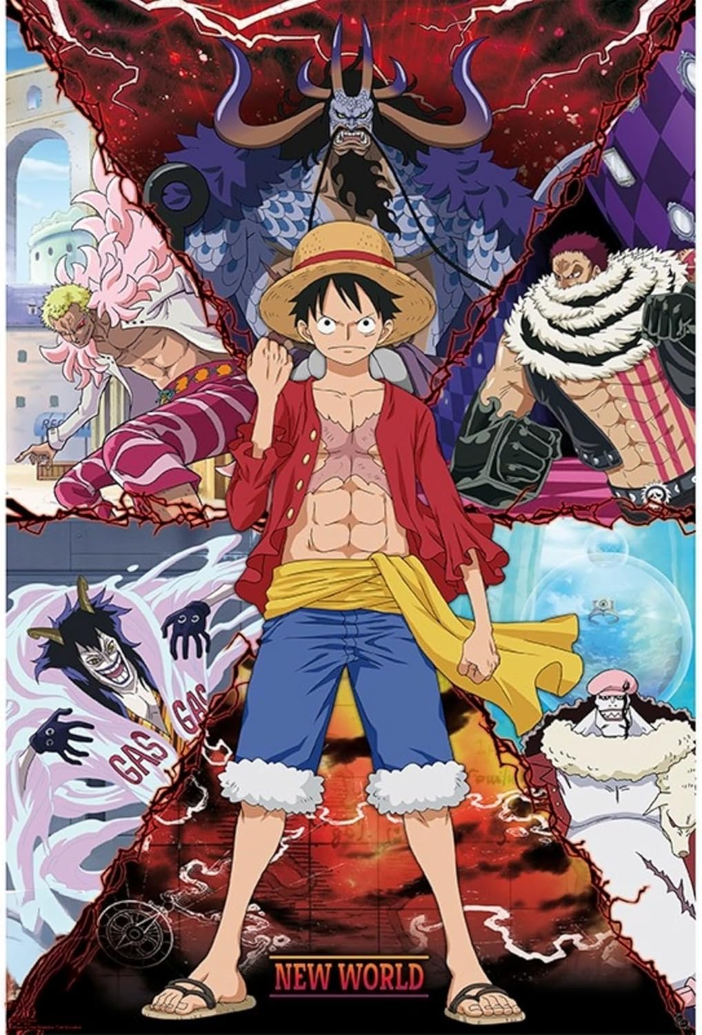 Animated character in a red jacket and blue shorts with various characters and elements in the background.