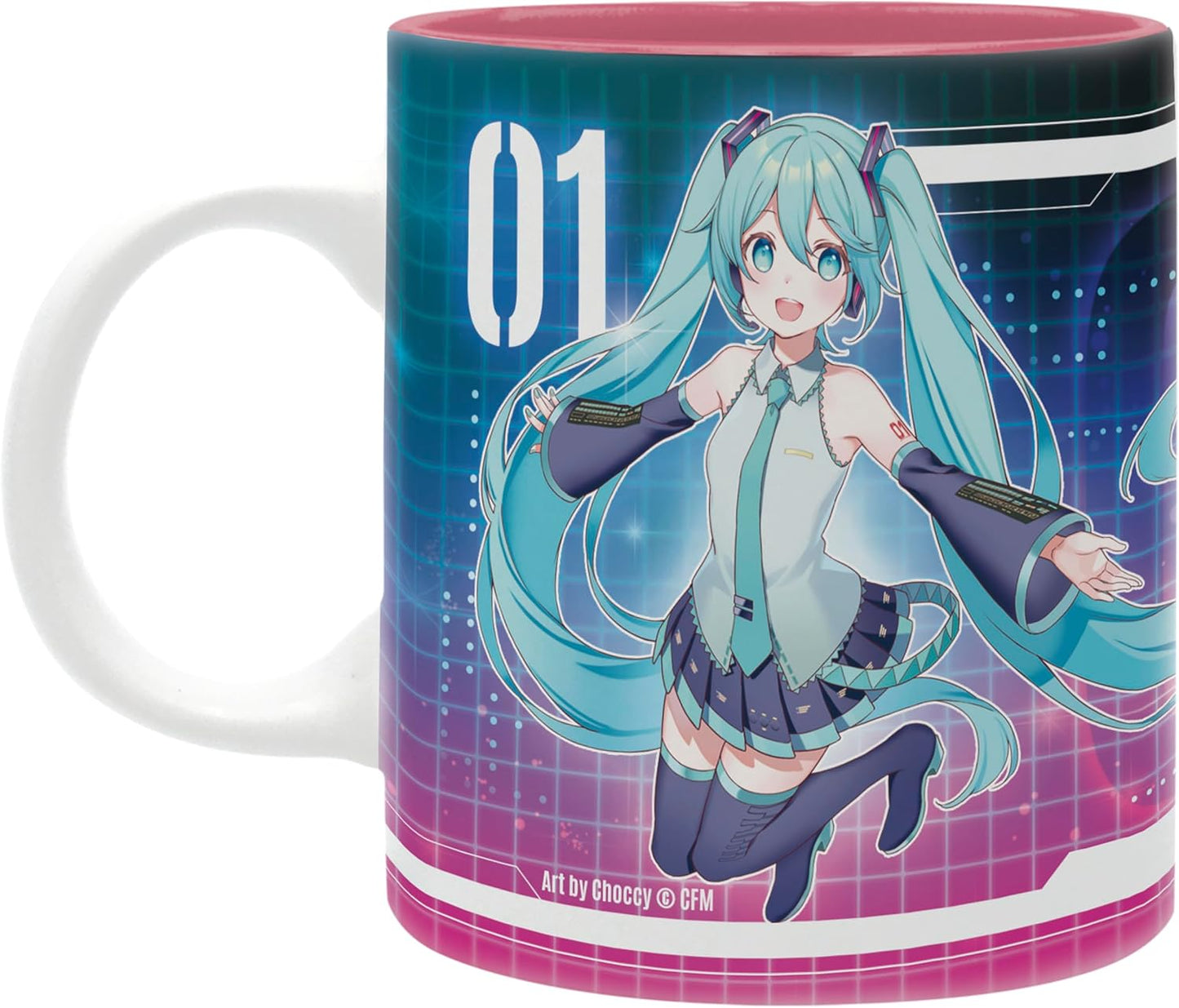 A white ceramic mug featuring a colorful graphic print of Hatsune Miku with long teal pigtails, set against a blue and purple grid background with the number 01.