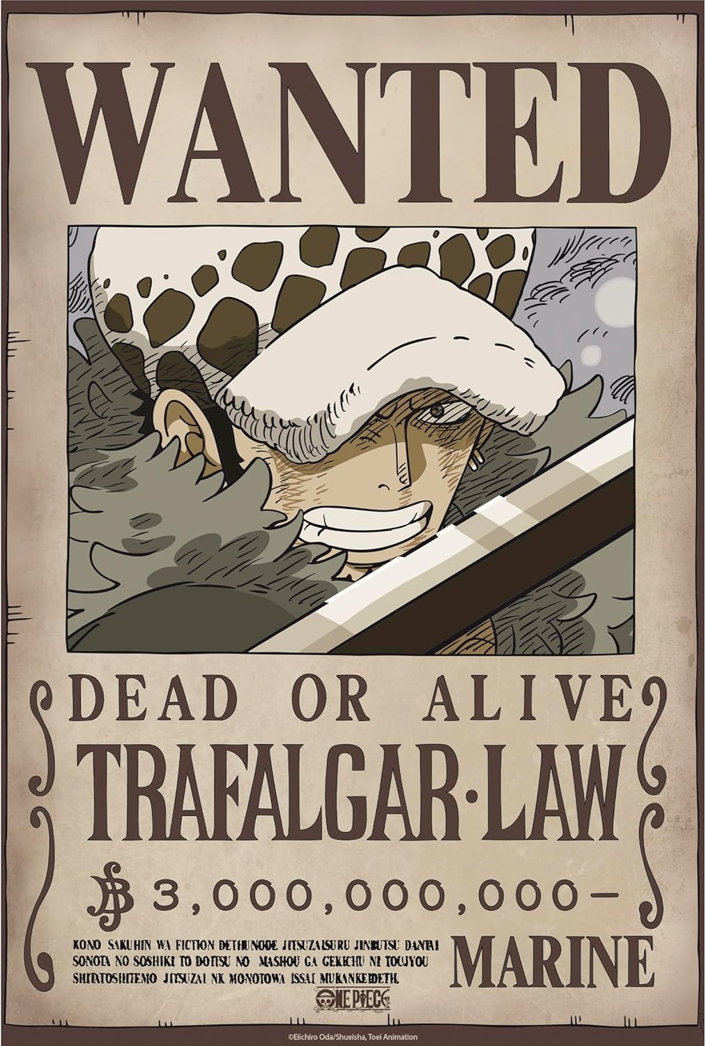 Wanted poster for Trafalgar Law with a character wearing a cap and goggles.