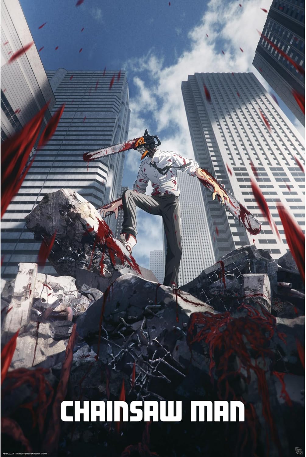 Poster of 'Chainsaw Man' with a character holding a chainsaw amidst skyscrapers.