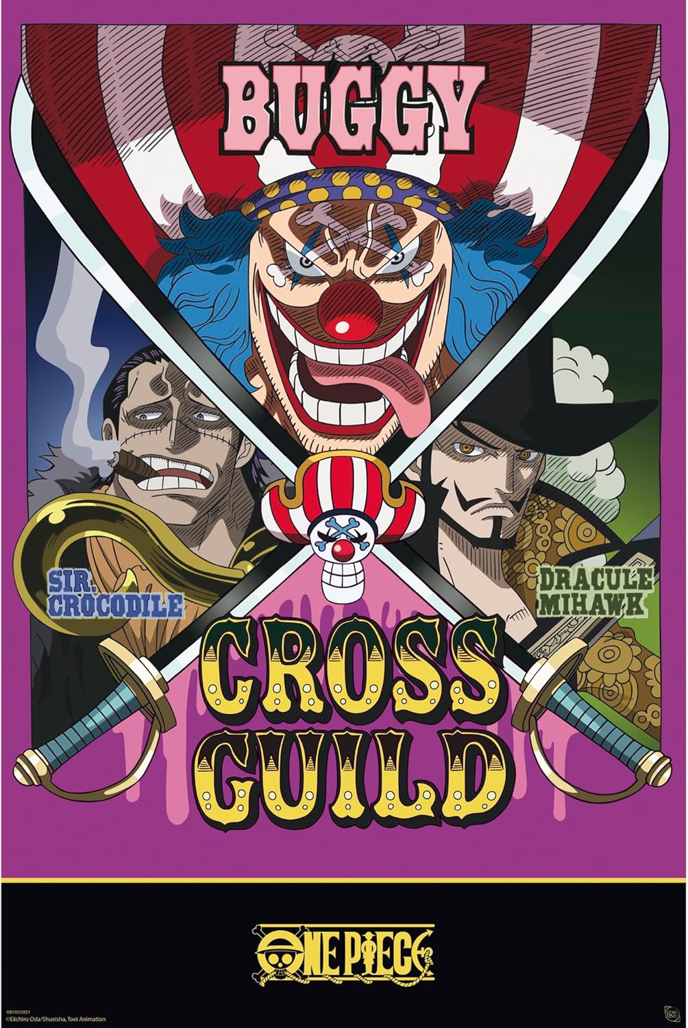 Promotional poster for 'Buggy Cross Guild' featuring characters from 'One Piece' with crossed swords on a purple background.