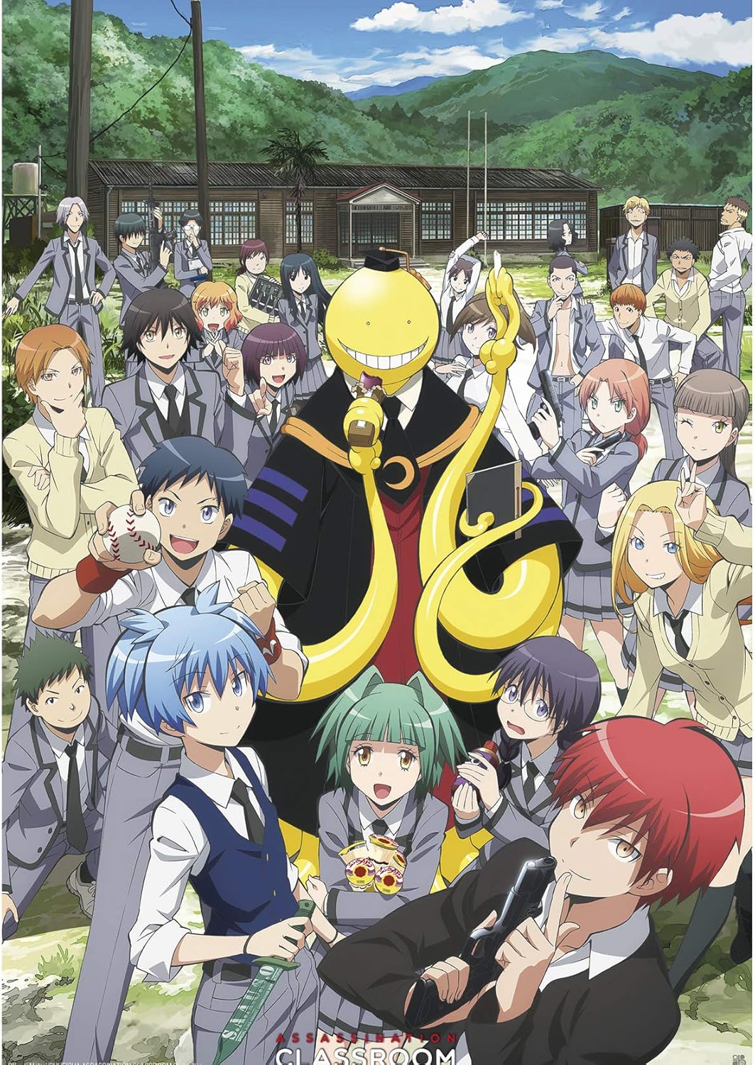 Anime poster featuring a large group of characters in a school setting with a prominent character in the center.