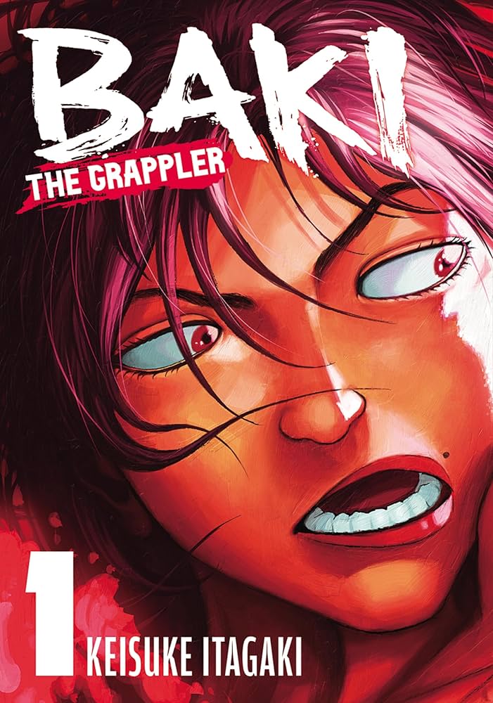 Comic book cover of 'Baki the Grappler' with a character's face in close-up.