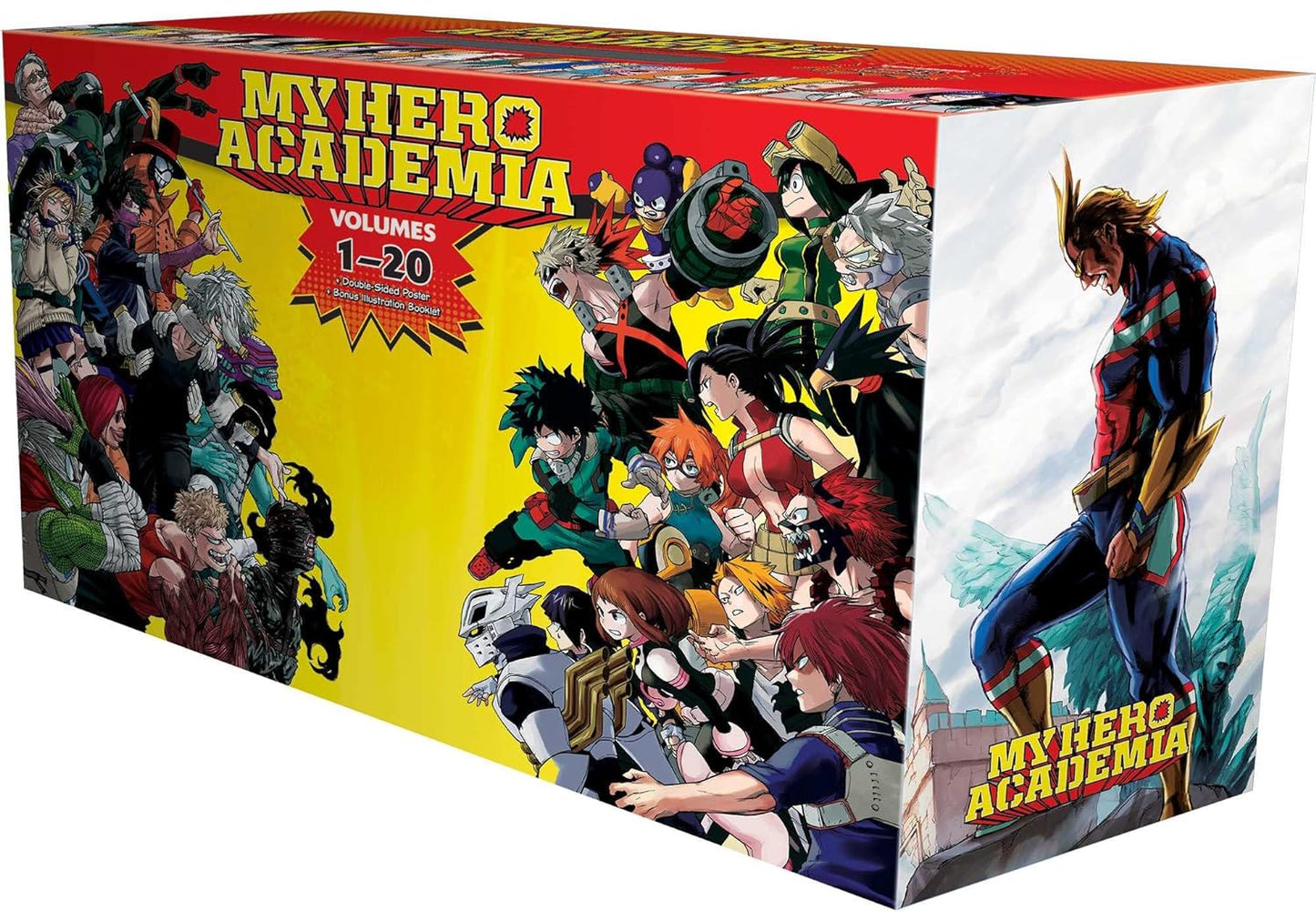 Collection of 'My Hero Academia' volumes 1-20 on a red and yellow box with character illustrations.