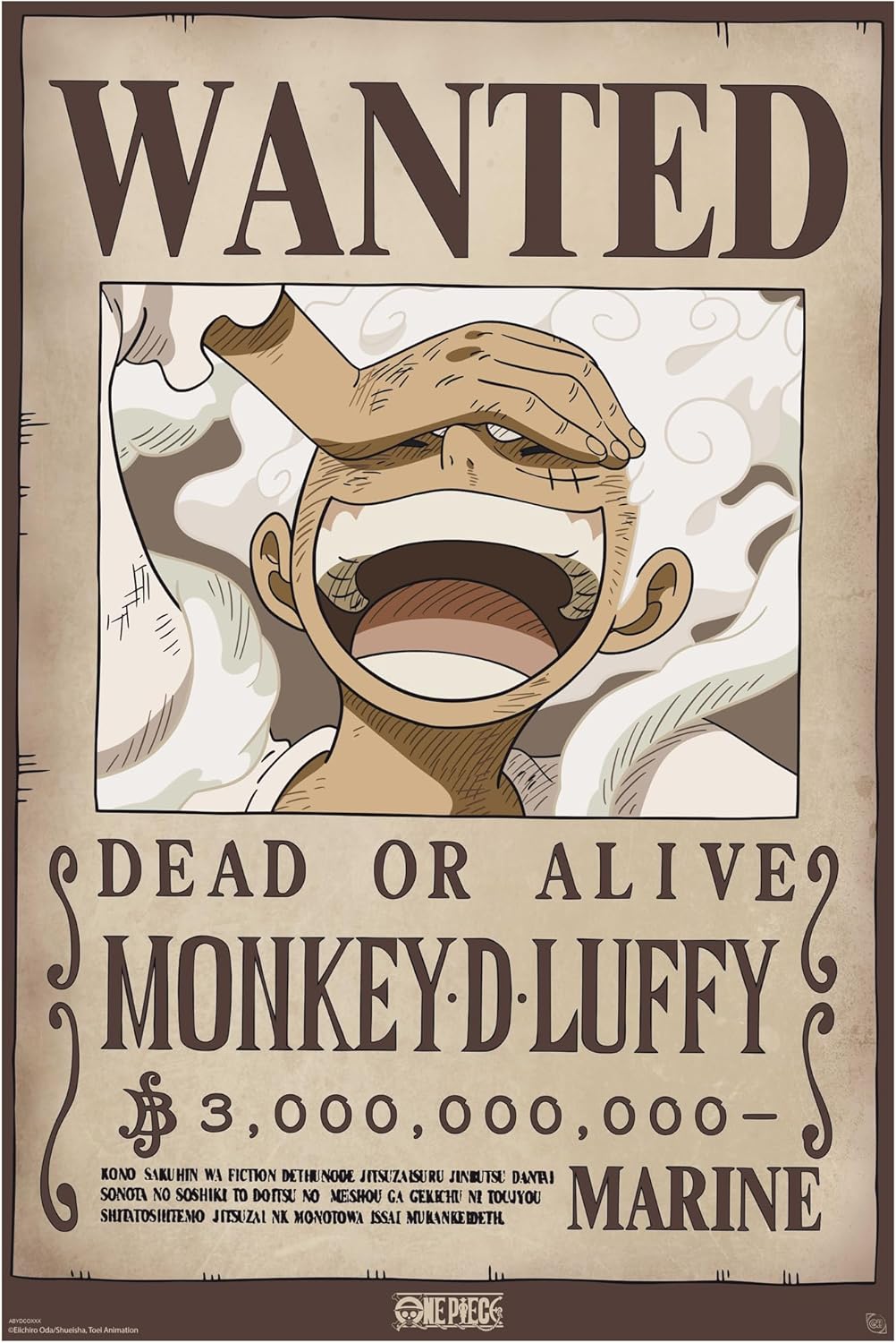 Wanted poster for Monkey D. Luffy with a hand covering his eyes on a beige background.