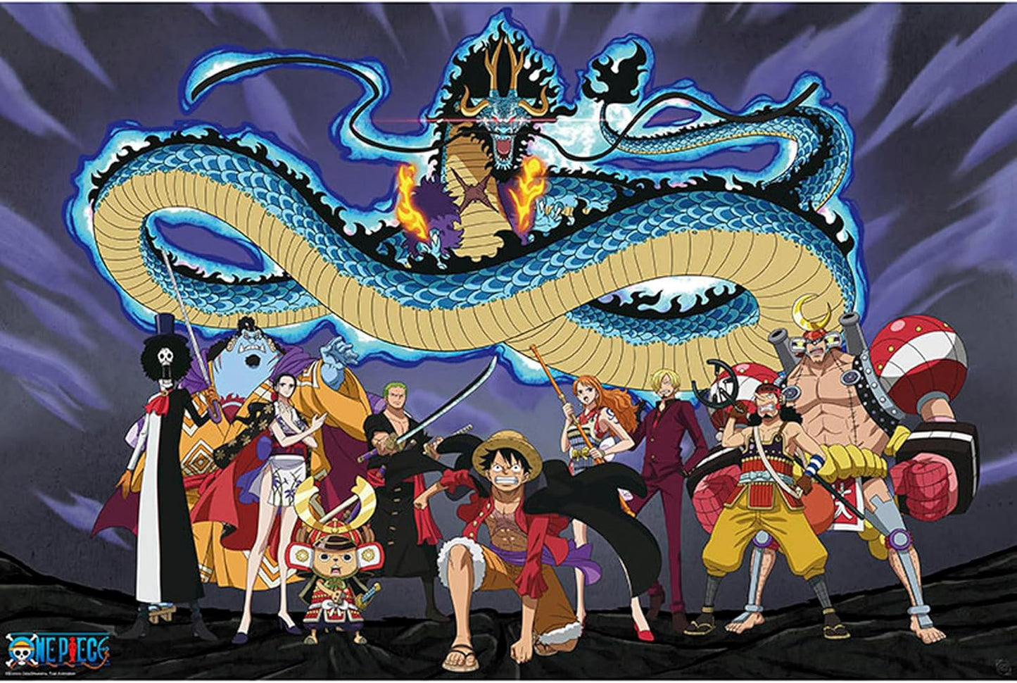 Group of animated characters in front of a large dragon illustration