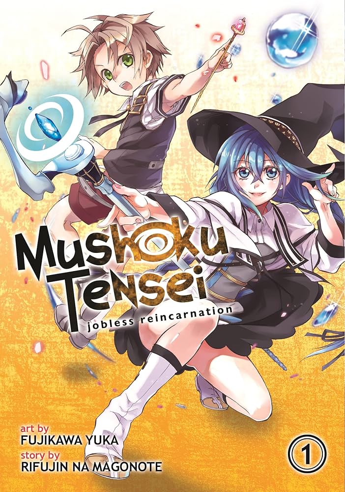 Mushoku Tensei manga cover with two characters and title text on a yellow background