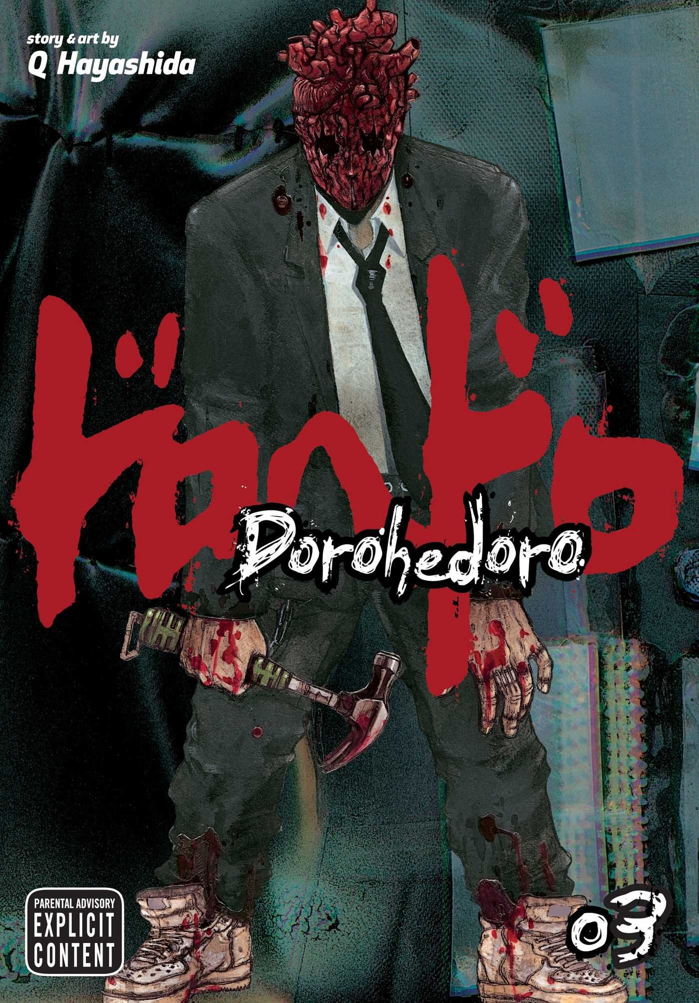 Cover of 'Dorohedoro' with a character in a suit and red mask, featuring explicit content warning.
