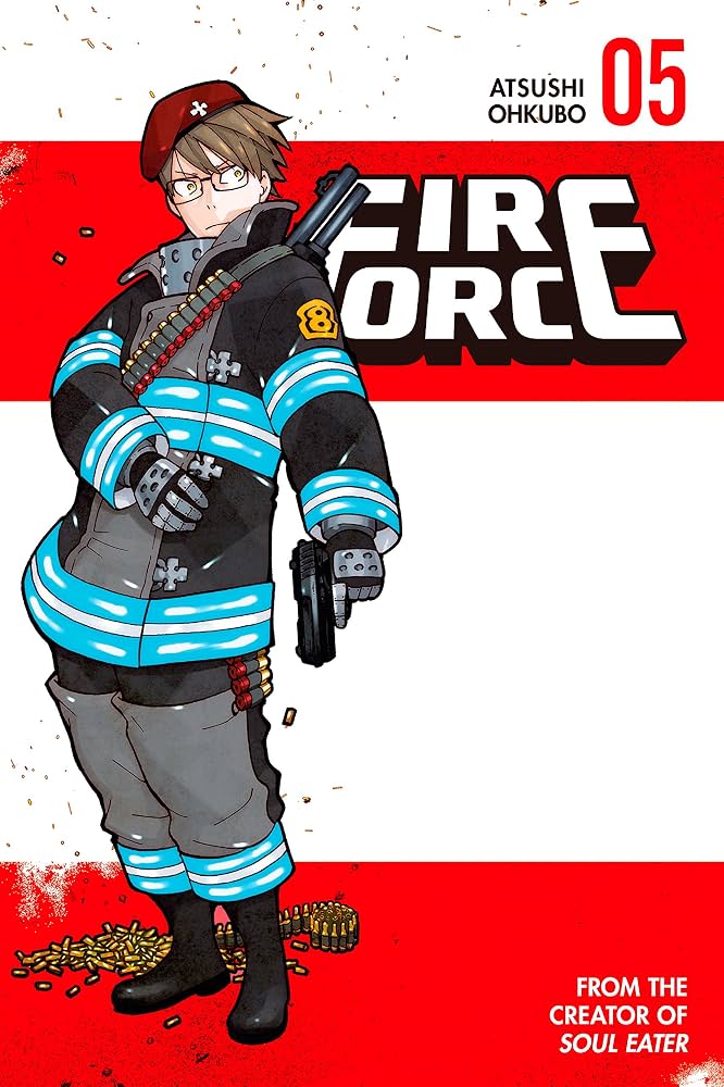 Manga cover of Fire Force Volume 5 by Atsushi Ohkubo, featuring an illustrated character in a black and blue firefight uniform with a red beret, standing against a white and red background with the title 'FIRE FORCE' in large letters.