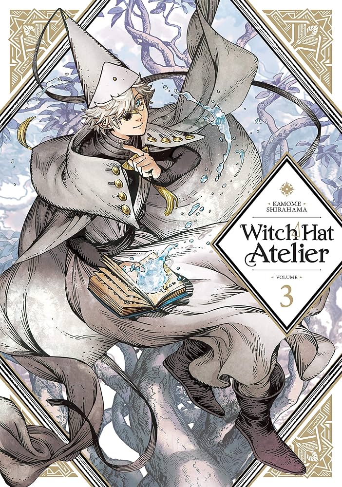 Manga book cover of 'Witch Hat Atelier' with an illustration of a character in a witch hat and coat.
