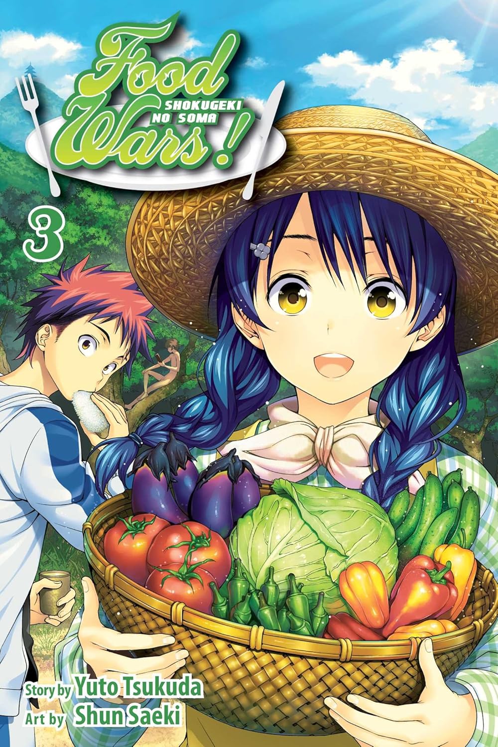 Book cover of 'Food Wars!' with two characters and a basket of vegetables.