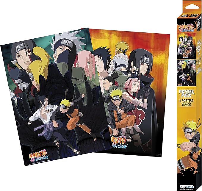 Naruto-themed posters with character illustrations and a box packaging on a white background