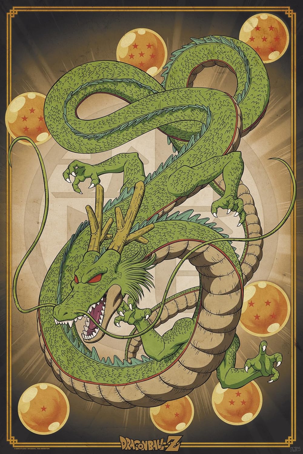 Illustration of a green dragon with a stylized background