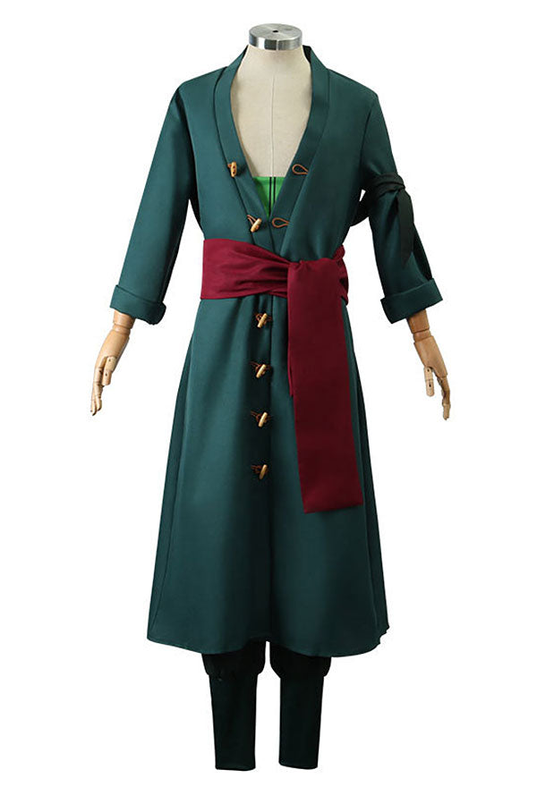 Green coat with a red sash on a mannequin against a white background
