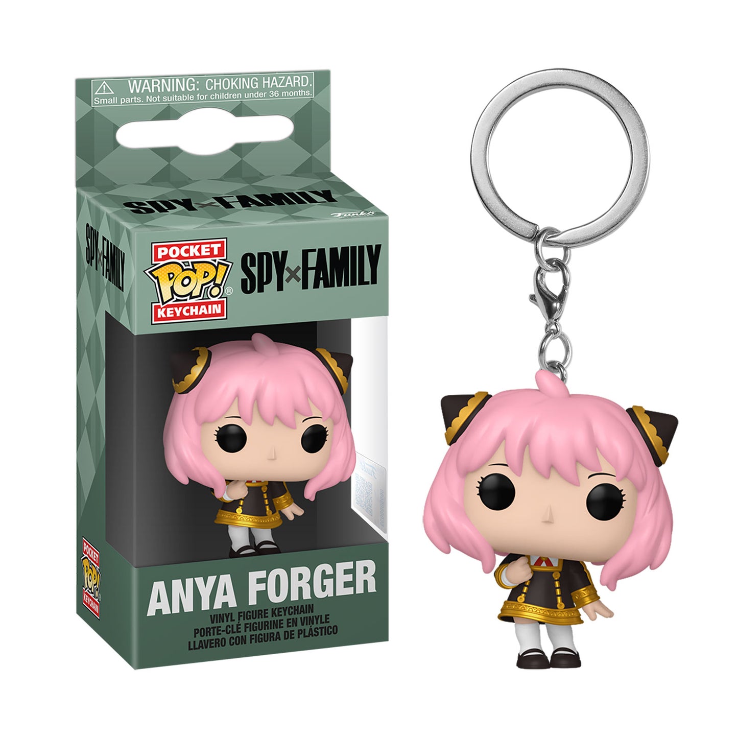 A Funko Pocket Pop! Keychain vinyl figure of Anya Forger from Spy x Family, shown next to its original window box packaging on a plain white background.